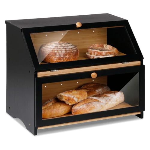 HOMEKOKO Double Layer Large Bread Box for Kitchen Counter, Wooden Large Capacity Bread Storage Bin (Black)