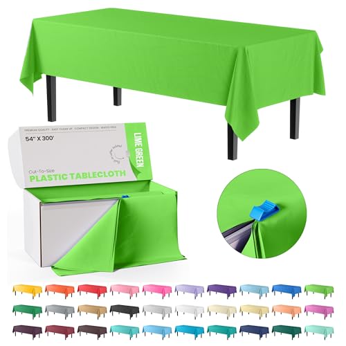 Exquisite Lime Green Plastic 54x300in Tablecloth Roll, Heavy Duty Disposable, Waterproof, Built-in Cutter, 36 Rectangle Table Covers, All-Season
