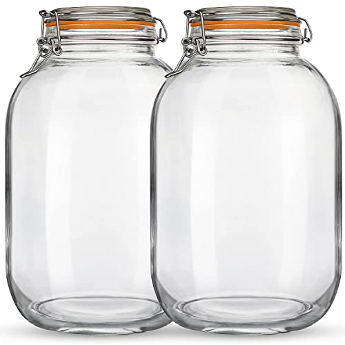 Glass Jars with Airtight Lids, 2 Pack - 1 Gallon Wide Mouth Storage Mason Jars with Hinged with 1 Replacement Silicone Gaskets for Fermenting, Canning, Preserving