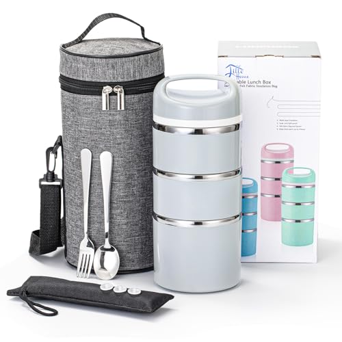 Lille Home Stackable Stainless Steel Thermal Compartment Lunch/Snack Box, 3-Tier Insulated Bento/Food Container with Lunch Bag, Utensils Set and Three Extra Seals, 43OZ (Gray)