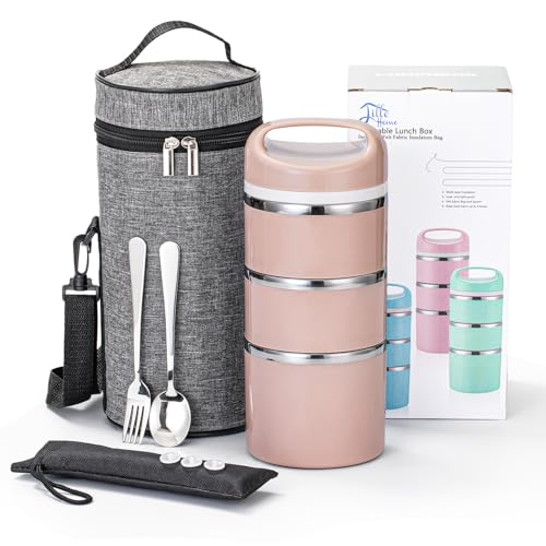 Lille Home Stackable Stainless Steel Thermal Compartment Lunch/Snack Box, 3-Tier Insulated Bento/Food Container with Lunch Bag, and Three Extra Seals, 43OZ (Gold)