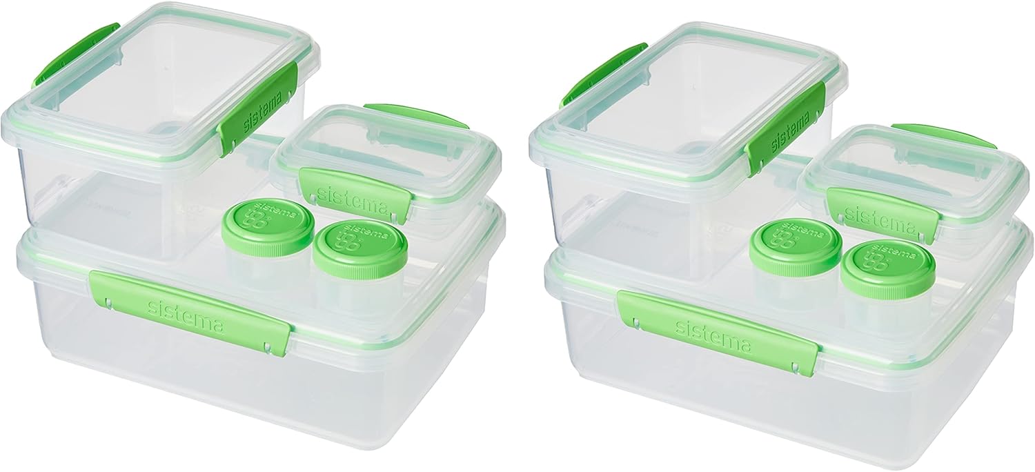 Sistema 6-Piece Food Storage Containers with Salad Dressing and Condiment Containers and Lids for Meal Prep, Dishwasher Safe, Clear/Green