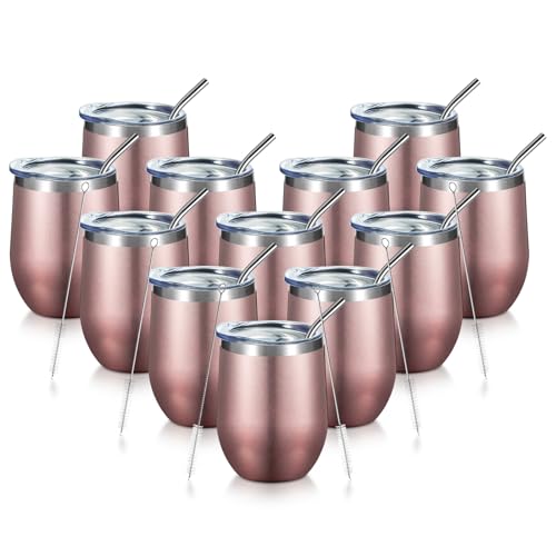 COMOOO Rose Gold Stainless Steel Wine Tumbler Bulk with Lid and Straw 12oz Double Wall Vacuum Insulated Travel Tumbler Cup for Coffee Wine Cocktails Ice Cream Cup Rose Gold, 12 pack