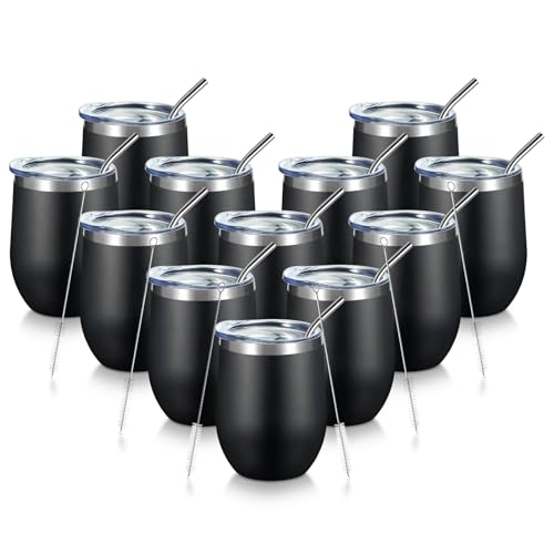 COMOOO 12oz Stainless Steel Wine Tumbler with Lid and Straw, Double Wall Vacuum Insulated Wine Tumbler Cup, Stemless Wine Tumbler for Cold and Hot Drinks, Coffee, Wine, Cocktails, Black, 12 Pack