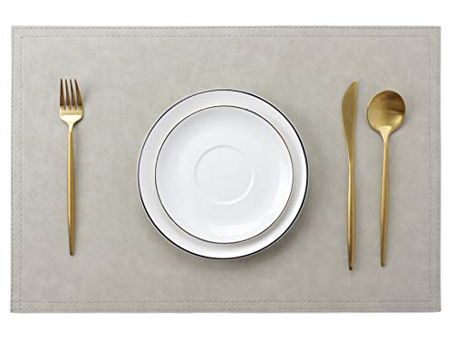 Waterproof PU Placemats,Set of 8, Faux Leather Dining Table Mat, Easy to Wipe Off Scrub Vinyl Mat, Heat & Stain Resistant for Office Conference Table, Home Decor G Parchment White
