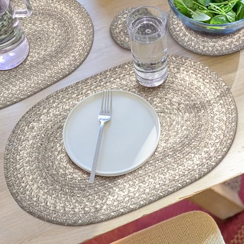 Homespice Grey Cloud Jute Braided Oval Placemats, Warm Farmhouse Decor, Set of 6, 13x19 Grey Table Mats - Vibrant Colors, Durable, Easy to Clean and Protects Furniture