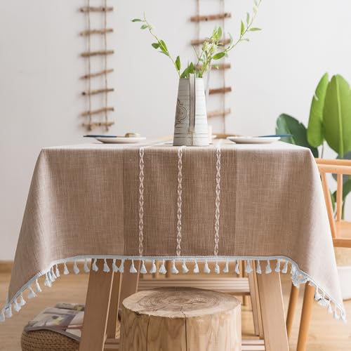 Oubonun Cotton Linen Rectangular Tablecloth - Wrinkle Resistant & Waterproof - Machine Washable Table Cloth with Tassels for Kitchen & Dining, 55''x102'', 8-10 Seats