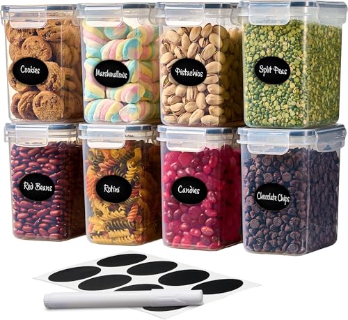 DWELLZA KITCHEN Airtight Food Storage Container Set - 8 Pieces 1.4L - Plastic BPA Free Kitchen Pantry Storage Containers - Dishwasher Safe - Include 8 Labels - Keeps Food Fresh & Dry