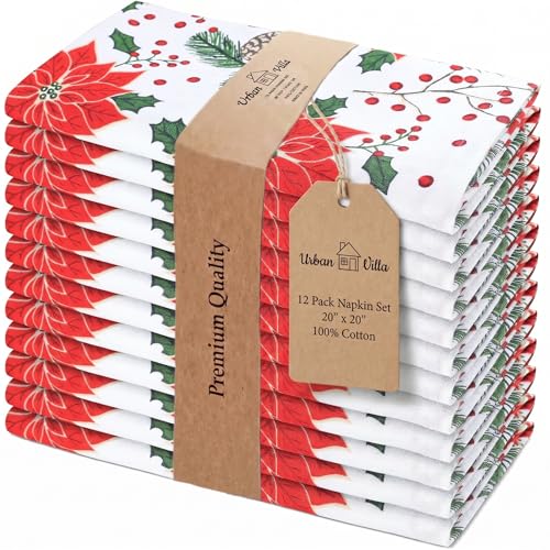 Urban Villa Christmas Dinner Napkins Set of 12 Pine Cone Print Cloth Napkins 100% Cotton Premium Quality 20x20 Inches Over Sized Cloth Napkins with Mitered Corners Durable Hotel Quality