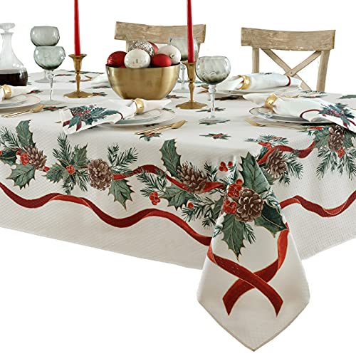 Lintex Evergreen Garland Double Ribbon Bordered Christmas Fabric Tablecloth, 60 x 144 Inch Rectangle, Holly and Pine Cone Holiday Print, Easy Care Country Cottage Christmas Table Cover