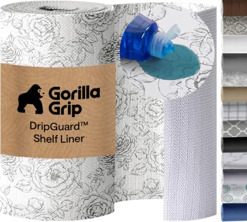 GORILLA GRIP DripGuard Shelf Liner, Non Adhesive Drawer and Kitchen Cabinet Protector, 24x240 Inch, Slip Resistant BPA Free Smooth Surface Plastic Liners for Cabinets, Bathrooms, Closets, Floral Gray