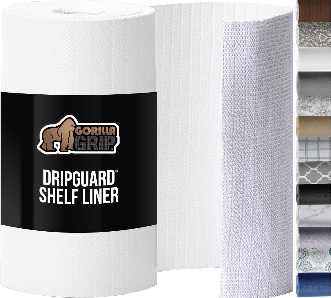 GORILLA GRIP DripGuard Shelf Liner, Non Adhesive Drawer and Kitchen Cabinet Protector, 24x240 Inch, Slip Resistant BPA Free Smooth Surface Plastic Liners for Cabinets, Bathrooms, Closets, White