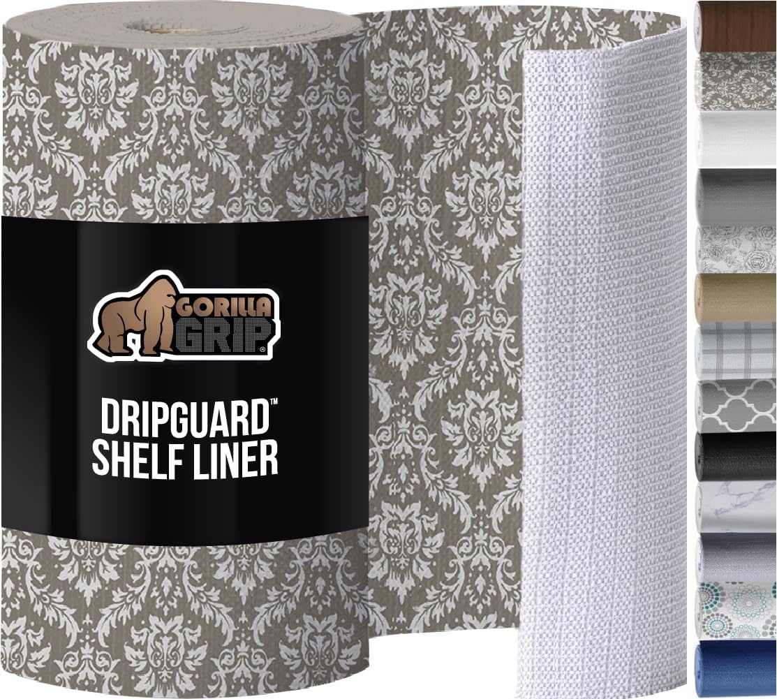 GORILLA GRIP DripGuard Shelf Liner, Non Adhesive Drawer and Kitchen Cabinet Protector, 24x240 Inch, Slip Resistant BPA Free Smooth Surface Plastic Liners for Cabinets, Bathrooms, Closets, Beige Cream