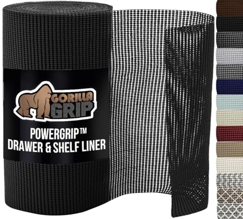 GORILLA GRIP powerGRIP Drawer Shelf and Cabinet Liner, Thick Strong Hold, Non-Adhesive Liners Protect Kitchen Cabinets and Cupboard, Bathroom Drawers, Easy Install, Breathable Mat, 24" x30', Black