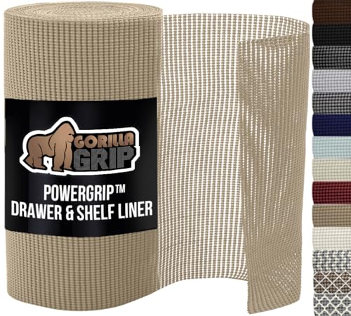 GORILLA GRIP powerGRIP Drawer Shelf and Cabinet Liner, Thick Strong Hold, Non-Adhesive Liners Protect Kitchen Cabinets and Cupboard, Bathroom Drawers, Easy Install, Breathable Mat, 24" x30', Beige