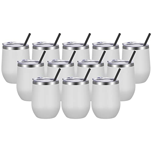 VEGOND Wine Tumblers Bulk 12 Pack, 12oz Stainless Steel Stemless Wine Glass with Lids and Straws, Double Wall Vacuum Insulated Tumbler Cup, Coffee Mug for Cold Hot Drinks