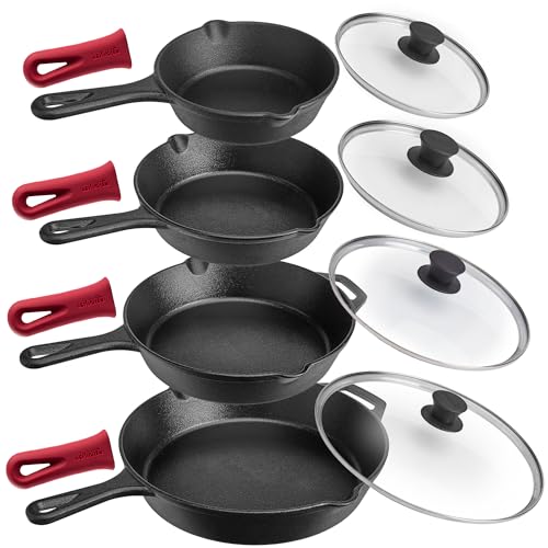 Cuisinel Cast Iron Skillets Set - 6"+8"+10+12"-Inch + Glass Lids + Silicone Handle Holder Cover Grips - Pre-Seasoned Frying Pan - Oven Cookware - Use Indoor/Outdoor, Grill, Stovetop, Fire
