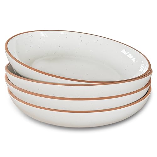 Mora Ceramic Large Pasta Bowls 30oz, Set of 4 - Serving, Salad, Dinner, etc Plate/Wide Bowl - Microwave, Oven, Dishwasher Safe Kitchen Dinnerware - Modern Porcelain Stoneware Dishes, Vanilla White