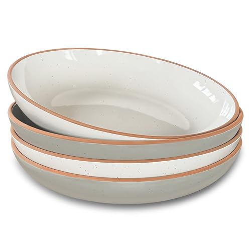 Mora Ceramic Large Pasta Bowls 30oz, Set of 4 - Serving, Salad, Dinner, etc Plate/Wide Bowl - Microwave, Oven, Dishwasher Safe Kitchen Dinnerware - Modern Porcelain Stoneware Dishes, Vanilla & Grey