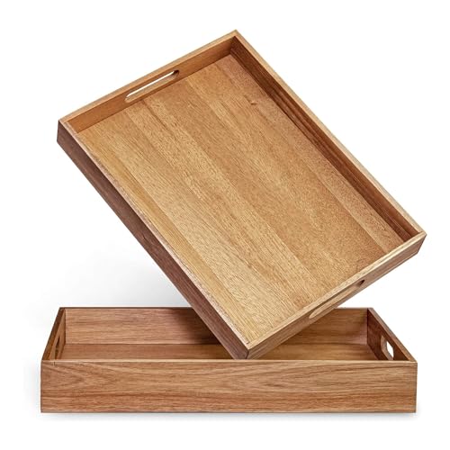 Acacia Wood Serving Tray with Handles Set of 2  Decorative Serving Trays Platter for Breakfast in Bed, Lunch, Dinner, Patio, Ottoman, Coffee Table, BBQ, Party Great for Lap &Couch