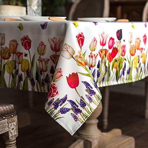 ARTABLE Rectangle Summer Tablecloth Farmhouse Tablecloths Printed Flower with Vintage Floral Patterns Table Cloth for Elegant Holiday Long Dinning Kitchen (Tulip, 60 x 120 Inch)