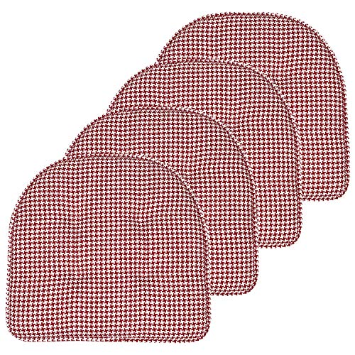 Sweet Home Collection Chair Cushion Memory Foam Pads Tufted Slip Non Skid Rubber Back U-Shaped 17" x 16" Seat Cover, 4 Count (Pack of 1), Houndsooth Red