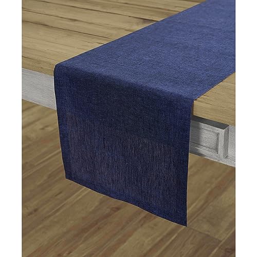 Solino Home Linen Table Runner 90 Inches Long - Athena, 100% Pure Linen Chambray Navy 14 x 90 Inch Table Runner for Dining, Fall, Autumn, Thanksgiving, Holiday
