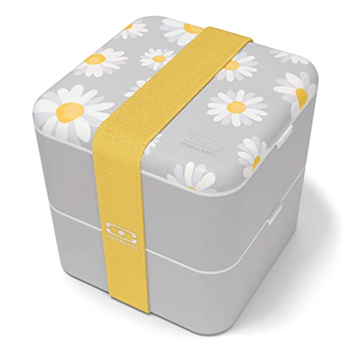 monbento - Large Bento Box MB Square Daisy with Compartments - Leakproof Lunch Box for Work and Meal Prep - BPA Free - Food Grade Safe - Flowers Pattern - Grey