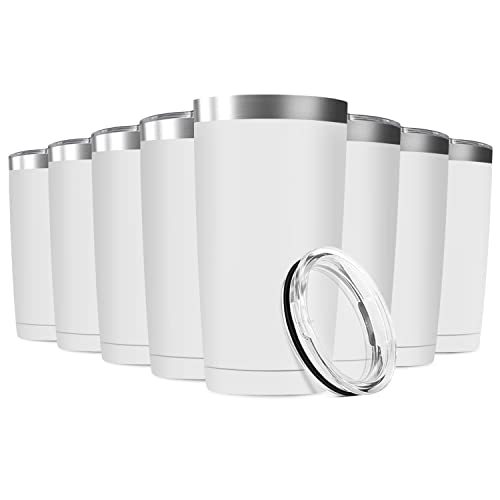 8 Pack 20oz Tumbler Vacuum Insulated Travel Mug with Lids, Stainless Steel Double Wall Bulk Cup for Home, Office, Outdoor Suitable for Vehicle Cup Holders(White)