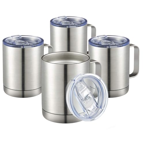 MEWAY 12oz Coffee Mug With Handle 4 Pack Bulk,Stainless Steel Insulated Travel Tumblers With Sliding Lid,Double Wall Vacuum Camping Cup for Hot & Cold Drinks Tea (Sliver,Set of 4)