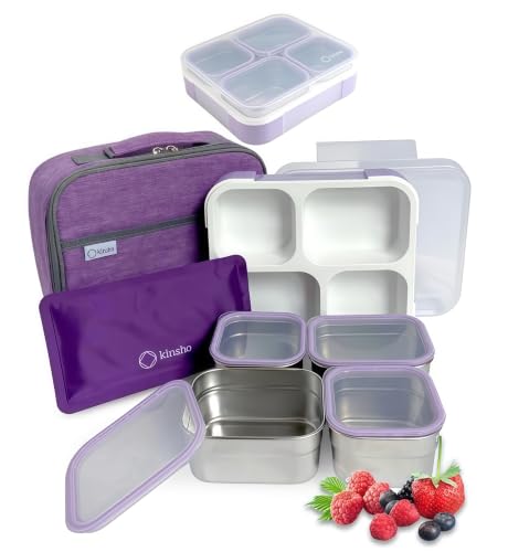 kinsho Stainless Steel Bento Lunch Box Set for Adults, Kids - Insulated Bag and Ice Pack - Leak-Proof Metal Compartment Meal Prep Food & Snack Containers for Work Travel School Daycare, 36 oz Purple
