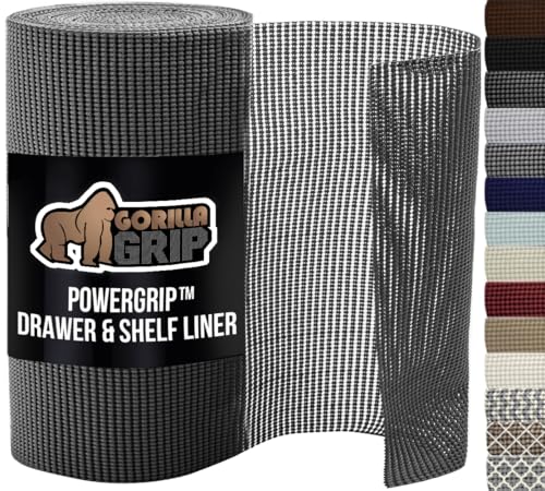 GORILLA GRIP powerGRIP Drawer Shelf and Cabinet Liner, Thick Strong Hold, Non-Adhesive Liners Protect Kitchen Cabinets and Cupboard, Bathroom Drawers, Easy Install, Breathable Mat, 17.5" x30' Charcoal
