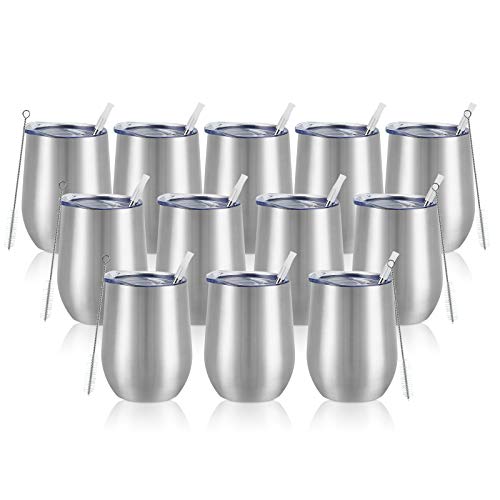 12 Pack Stainless Steel Wine Tumblers, 12Oz Double Wall Vacuum Insulated Wine Tumblers with Lids and Straws, Stainless Steel Stemless Wine Glasses for Coffee, Wine, Cockaign, Silver