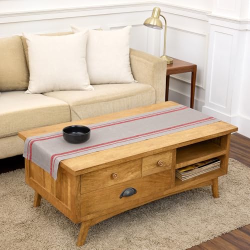 Solino Home Striped Linen Table Runner 60 Inches - 100% Pure Linen Red and Natural French Stripe Small Table Runner 14 x 60 Inch Ideal for Dresser and Coffee Tables - Fall, Halloween, Thanksgiving