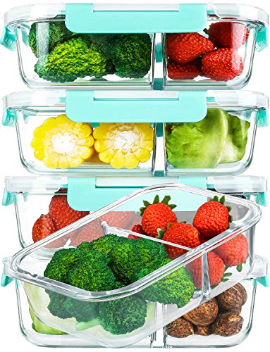[5-Pack,36 Oz]Glass Meal Prep Containers 2 Compartments (4.5 Cups, Green)