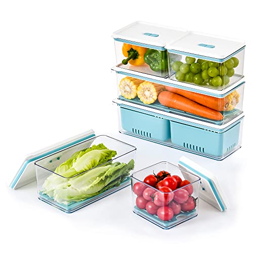 Lille Home Stackable Produce Saver, Organizer Bins/Storage Containers with Removable Drain Tray, Set of Six, for Refrigerators, Cabinets, Countertops and Pantry, BPA Free (Blue,Set of Six)