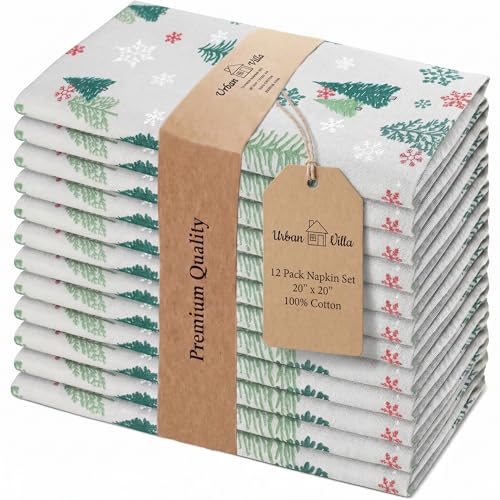 Urban Villa Cloth Napkins Set of 12 20x20 Inches 100% Cotton Napkins Cloth Washable Durable Reusable Absorbent Table Dinner Napkins Cloth for Christmas Hotel Lunch Restaurant Parties Green Tree