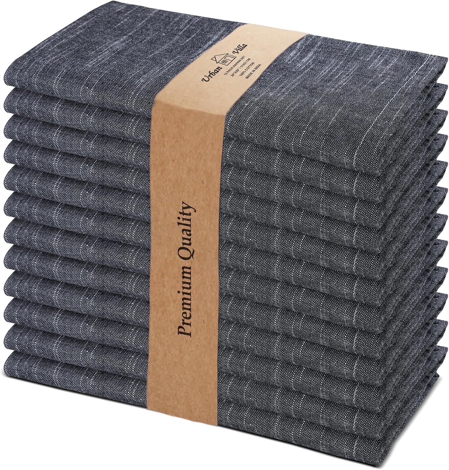 Urban Villa Cloth Napkins Set of 12 20x20 Inches 100% Cotton Napkins Cloth Washable Durable Reusable Absorbent Table Dinner Napkins Cloth for Hotel Lunch Restaurant Weddings Parties - Black Chambray