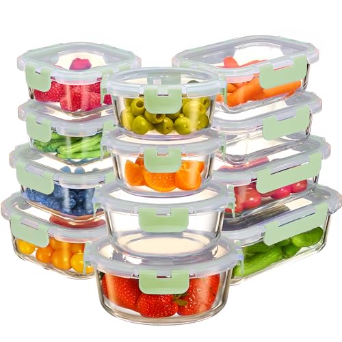 FineDine 24 Piece Glass Storage Containers with Lids - Airtight, Leak Proof, Dishwasher Safe, Glass Food Storage, Food Storage Containers, Meal Prep Containers, Green