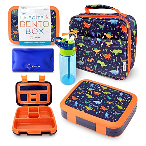 kinsho Bento Lunch Box with Insulated Bag, Water Bottle&Ice Pack Set for Kids Toddlers,5 Portion Sections, BPAFree Removable Tray, PreSchool Kid Toddler Daycare Lunches, Snack Container,Blue Dinosaur