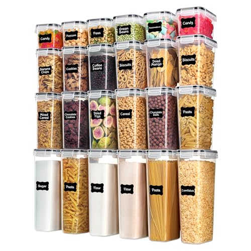 Airtight Food Storage Containers with Lids, Vtopmart 24 pcs Plastic Kitchen and Pantry Organization Canisters for Cereal, Dry Food, Flour and Sugar, BPA Free, Includes 24 Labels,Black