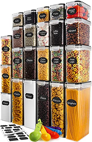 VERONES Cereal Storage Container Set, 32pcs Airtight Food Storage Containers, BPA Free Kitchen Pantry Organization for Flour, Sugar, Cereal Plastic Canisters with Black Locking Lids
