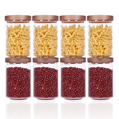 SAIOOL Stackable Kitchen Canisters Set of 8,High Borosilicate Glass Cylinder Airtight Food Storage, sort out the tea, flour, candies, grain easily and clearly