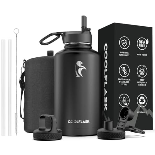 64 oz Water Bottle Insulated with Straw & 3 Lids, Coolflask Large Metal Stainless Steel Water Jug Big Half Gallon Wide Mouth for Sports, Gym or Office, Non-BPA Keep Cold 48H Hot 24H, Magic Black