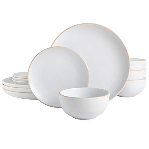 Gibson Home Rockaway 12-Piece Round Stoneware Dinnerware Set, Service for 4  White Plates and Bowls, Modern Matte Finish, Microwave & Dishwasher Safe