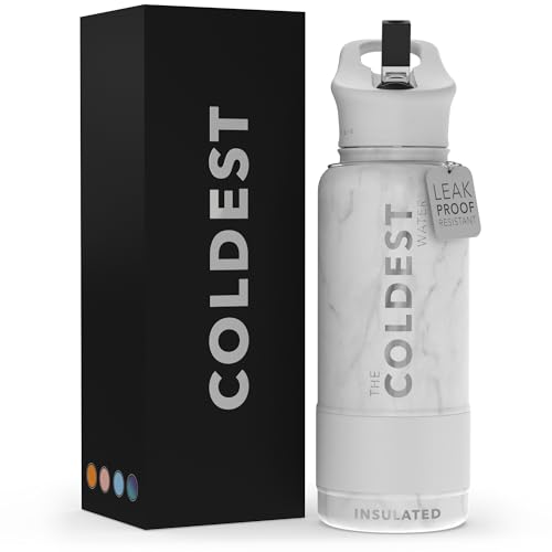 Coldest Insulated Water Bottle with Straw Lid - Stainless Steel Metal Insulated Bottle for Men & Women (Marble White, 32 oz)