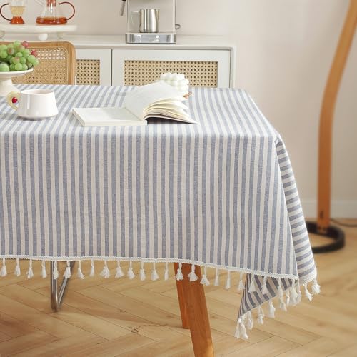 meioro Table Cloth Blue White Striped Tablecloth with Tassels Cotton Linen Dust-Proof Table Cover for Dining Buffet Kitchen Picnic Tables, Parties Holiday Indoor Outdoor Tablecloths (54x78 Inch)
