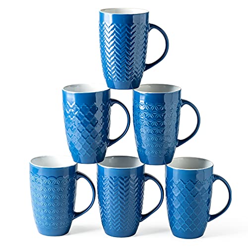AmorArc Extra Large Coffee Mugs Set of 6, 20oz Ceramic Tall Coffee Mugs Set with Textured Geometric Patterns for Latte/Tea/Beer/Hot Cocoa, Dishwasher & Microwave Safe, Blue
