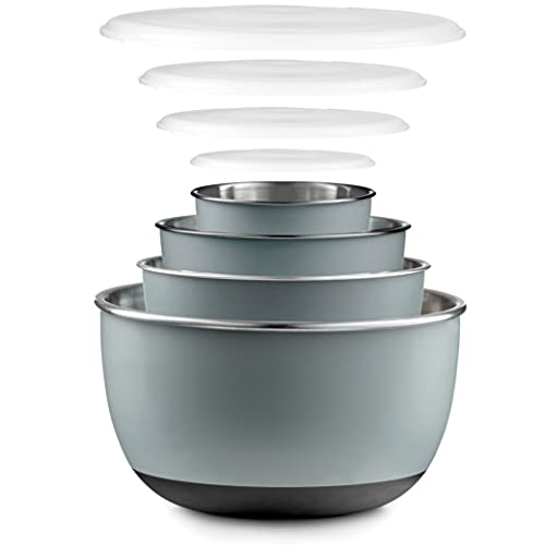 FineDine Stainless Steel Mixing Bowls with Lids Set, Stackable Nesting Dishware Bowls for Kitchen Space Storage Saving, Non-Slip Bottoms for Stability, 5 Quarts Salad Bowls