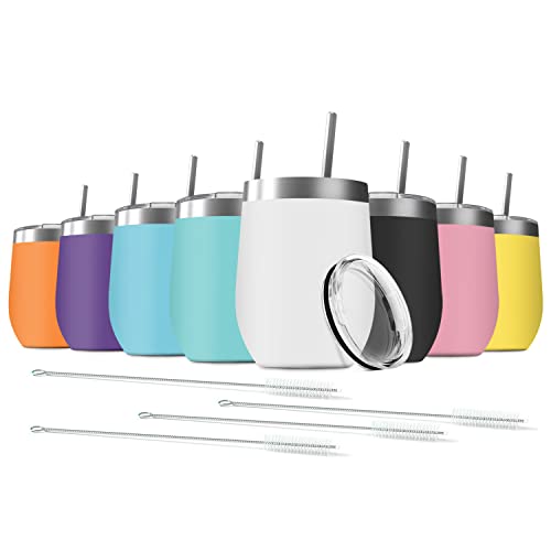 8 Pack 12 oz Stainless Steel Wine Tumbler with Lids, Double Wall Vacuum Insulated Travel Cup Including 8 Straws Set for Coffee, Cocktail, Drink, Tea and Beer (Assorted Colors)